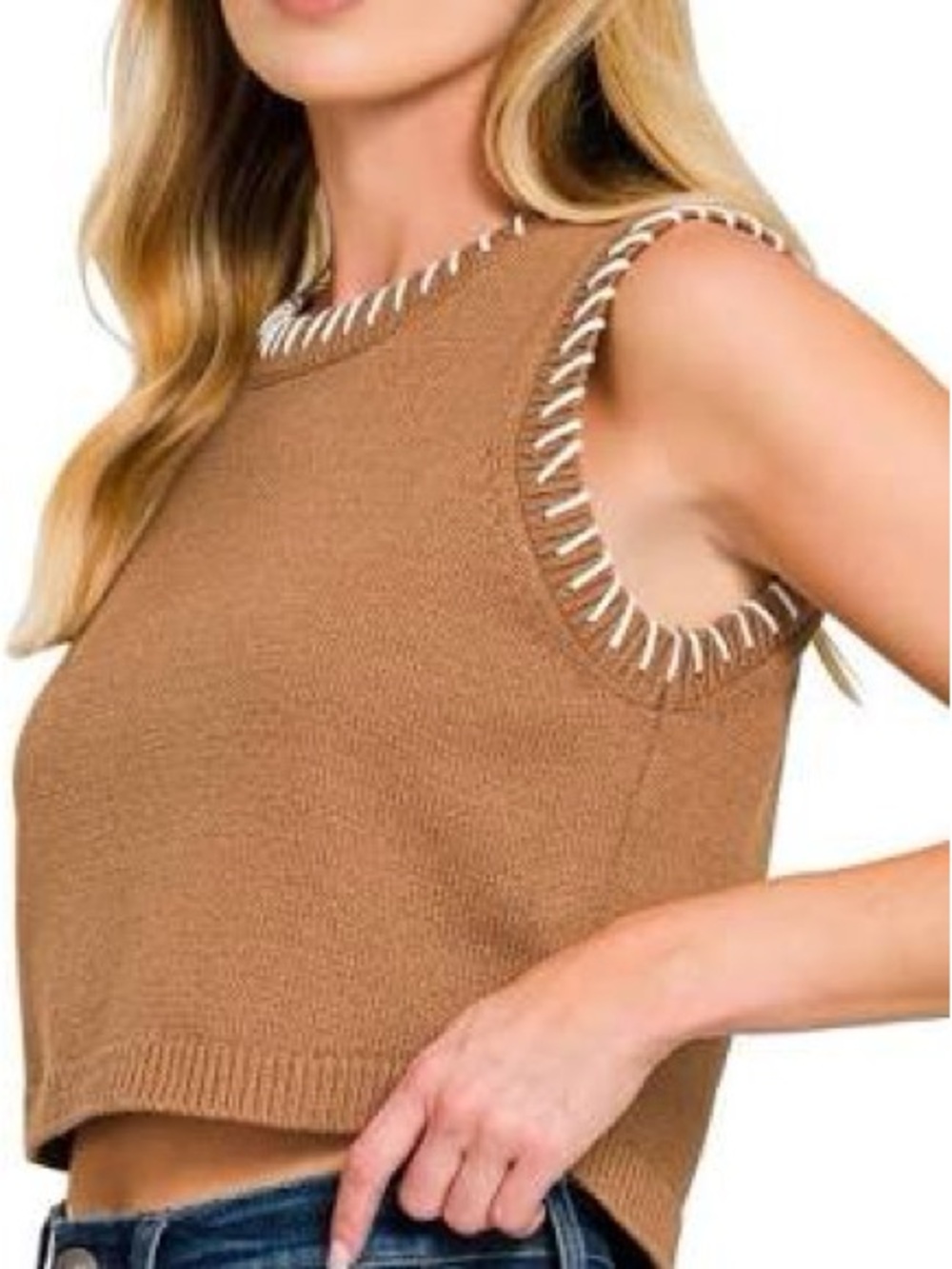 Zenana Sleeveless Whipstitch Crop Sweater - Camel